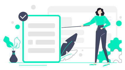 Portrait of woman pointing to a form with a stick. Perfect for educational materials, business presentations, or office related designs and campaigns.