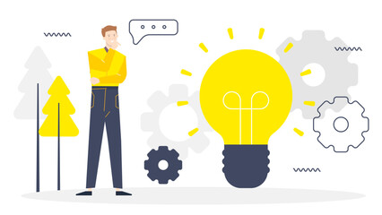 Man stands by light bulb and gears, representing innovation, creativity, and problem-solving. Ideal for business, technology or engineering concepts.