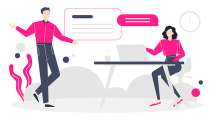 Two people having a meeting at a desk, suitable for business presentations, office environment illustrations, teamwork concepts, and professional webinars.