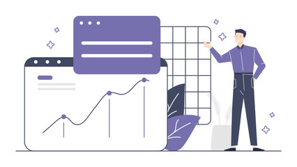The image features a man sharing a graph on a webpage. Ideal for presentations, business websites, financial reports, online marketing materials.