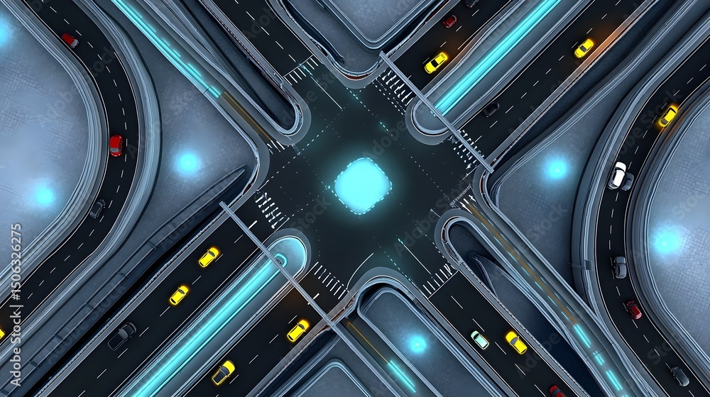 Poster futuristic highway junction with cyber traffic system architecture