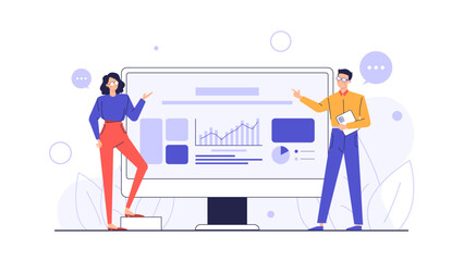 Business partners showing chart on laptop, teamwork, collaboration, data analysis, technology, presentation, team meeting, discussing statistics, office setting.
