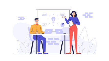 Two people collaborating on a project, presenting a business plan. Great for teamwork, business, collaboration, presentation, office, project themes.