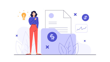 Woman holding a glowing lightbulb next to a dollar sign. Perfect for business, finance, creativity, innovation, and business success concepts.