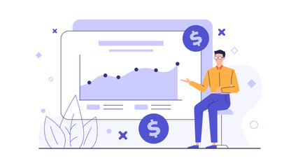 Man pointing at financial growth graph, depicting success and progress in business presentations, financial reports, marketing materials, and websites.