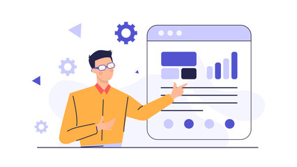 Man in glasses points at a website showing bar chart, ideal for business analysis, finance, data presentation, marketing strategy concepts.