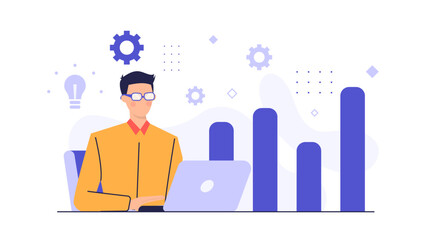 Man using a laptop to work on a project. Suitable for business and technology concepts, remote work, freelance lifestyle illustrations.