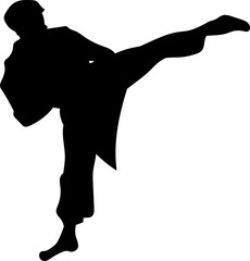 Dynamic karate kick silhouette, ideal for martial arts, sports training, self-defense, and competition-themed designs. Isolated on white