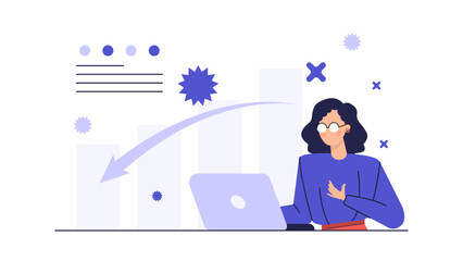 Woman in glasses using a laptop near a chart, ideal for business, finance, technology, working from home, data analysis concepts.