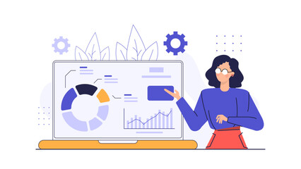 Woman in a blue sweater points at a laptop screen with a graph and chart. Perfect for business presentations or technology concepts.