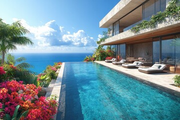 Obraz premium Oceanfront luxury villa, infinity pool, tropical garden