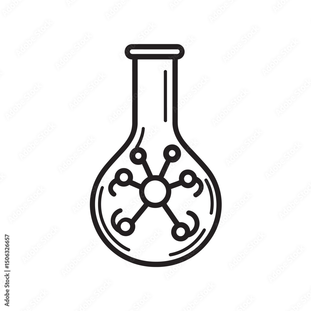 Aufkleber simple black line art shows molecule within a laboratory flask on transparent backdrop