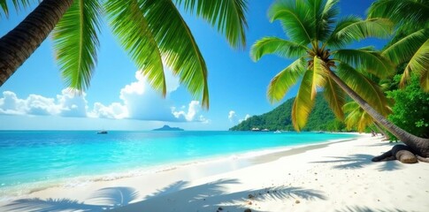 Azure waters lap pristine white sand, lush palms sway gently , immersive, coast