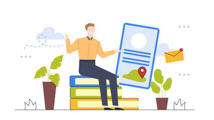 Man points at a map while sitting on a stack of books. Suitable for educational concepts, travel guides, and navigation themes.