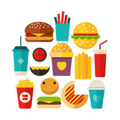 Flat Design Fast Food Collection, Set of Colorful Fast Food Icons, Delicious Snack Variety