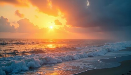 Golden sunrise paints misty ocean, tranquil scene, magical, high resolution