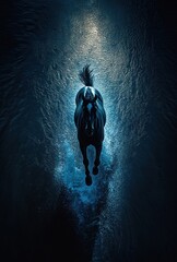 Dark Horse Running Through Water Tunnel, Light Beam