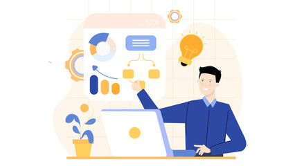 Man explains data on laptop screen for business presentation. Suitable for financial reports, data analysis, statistics, presentations, business meetings.