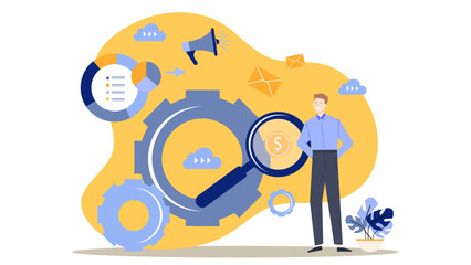 Man examining dollar sign in gear with magnifying glass. Ideal for financial analysis, business strategy, investment concepts in design projects.