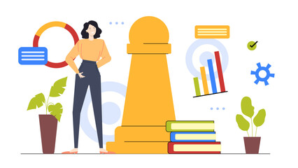 A woman with chess and statistic illustration, business activity concept