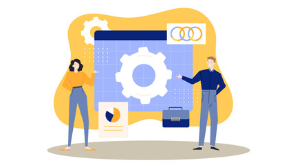 Man and woman next to large gear, symbolizing teamwork and industry. Suitable for engineering, industrial, teamwork, and construction concepts.