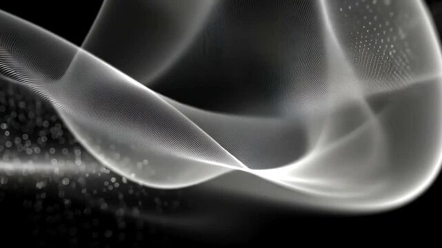 An abstract composition featuring luminous, flowing silver lines over a deep black background, creating a sense of ethereal movement