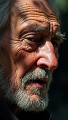 An elderly man with tears on his face listens to a lamentation song, the interplay of tree shadows creating a poignant atmosphere filled with emotion.