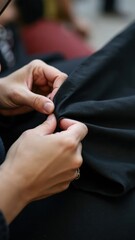 Fototapeta premium Hands steady the black cloth as a woman prepares a banner for the Ashura process, her fingers trembling with concentration. A moment of cultural significance unfolds.