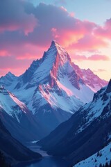 Fototapeta premium Pink sunrise illuminates a majestic snow mountain range , adventure, crisp