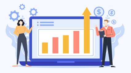 Two people working on a laptop with financial graph and dollar signs. Perfect for business, finance, teamwork, and technology concepts.