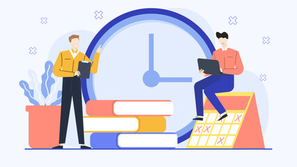 Two men collaborate on a calendar surrounded by a clock and books, perfect for illustrating teamwork, time management, organization concepts.