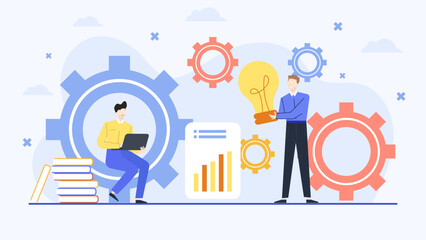 Collaborative teamwork concept with men puzzling over gears and lightbulb, ideal for business, engineering, innovation, and teamwork themes.