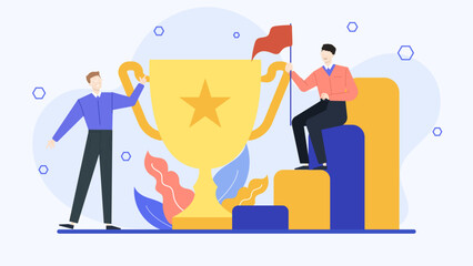 Two men on podium with trophy. Celebrating victory or teamwork in business, sports, or competition. Leadership symbol. Success concept.