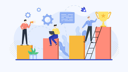 Three men working on a project to reach a goal. Suitable for teamwork, success, business planning, collaboration, goalsetting, and accomplishment concepts.