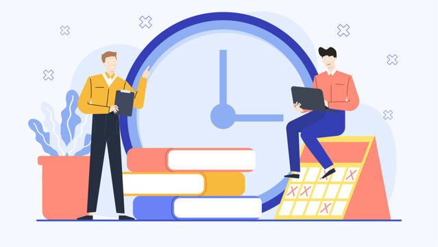 Two men collaborate on a calendar surrounded by a clock and books, perfect for illustrating teamwork, time management, organization concepts.