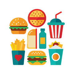 Flat Design Fast Food Collection, Set of Colorful Fast Food Icons, Delicious Snack Variety