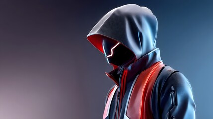 Hooded figure in glowing futuristic armor