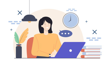 Woman working on a laptop, suitable for business websites, remote work blogs, freelancing articles, technology presentations, and digital lifestyle designs.