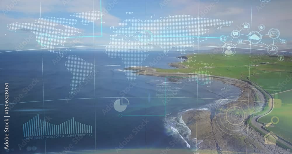 Poster interface fading over coastal view animating grid and charts, spreading nodes, pulsing target rings