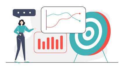 Woman confidently presenting a graph and a target. Suitable for business presentations, financial reports, goalsetting concepts, and marketing materials.