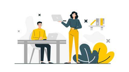 Two people collaborating at a desk with laptops. Suitable for illustrating teamwork, collaboration, office environment, technology, and business concepts.