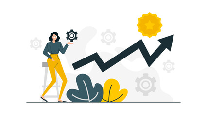 Woman holds a gear next to an upward arrow with a star. Suitable for presenting growth, progress, technology, innovation concepts.