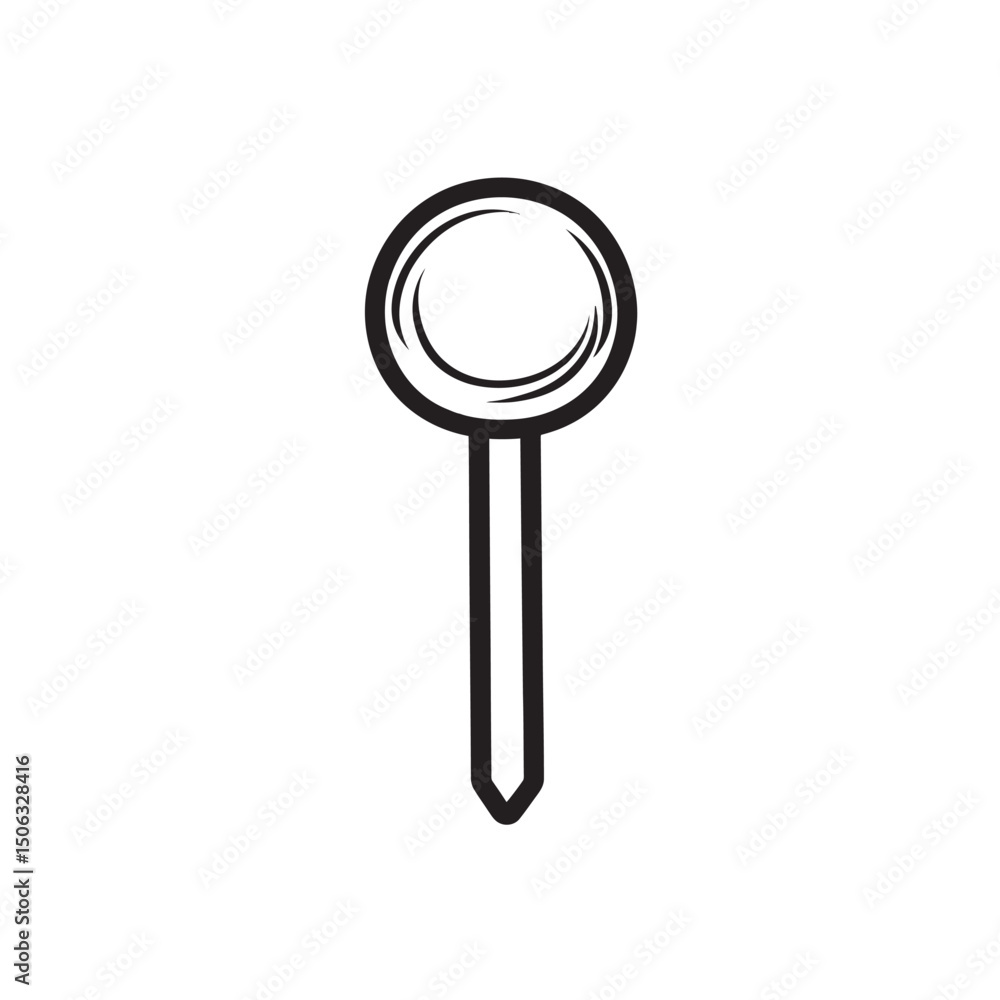 Poster simple black line drawing features a round pin with a long stem isolated