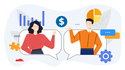 Two people discussing financial growth and efficiency. Suitable for business presentations, finance articles, corporate websites, and economic reports.