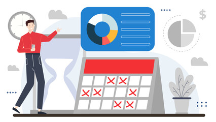 Man near calendar with red Xs. Suitable for time management, deadlines, scheduling, planning concept designs for businesses, personal development.