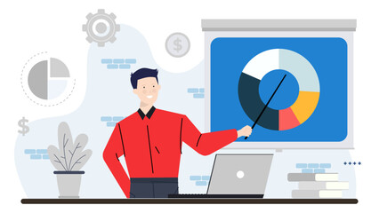 Man presenting a pie chart on a whiteboard, perfect for business presentations, financial reports, data analysis demonstrations, marketing discussions.
