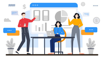 Business meeting with three colleagues discussing work in an office setting. Suitable for business presentations or teamwork concepts.