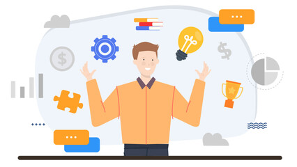 Man in a yellow shirt smiling and holding up his hands. Suitable for business, success, happiness, and positive concepts.