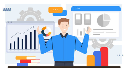 Man showcases data using various graphs and charts, ideal for business presentations, financial reports, statistical analysis, and educational materials.