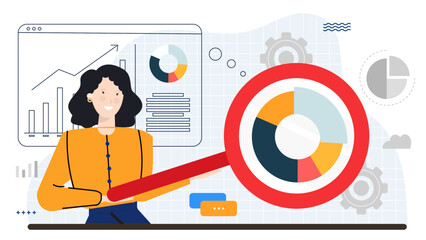Woman examines data with a magnifying glass in a pie chart, suitable for financial analysis, business strategy, market research concepts.